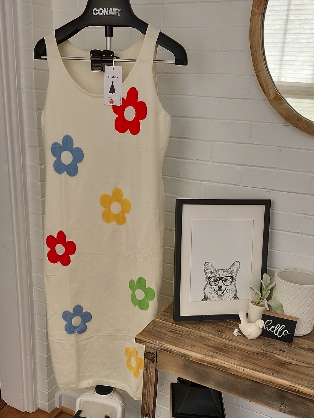 Cream Dress with Flowers, Womens Large